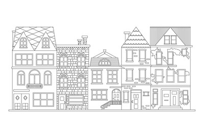Set of different buildings, houses. Cityscape. Coloring book antistress for adults and children. Black and white. Outline style. White background. Vector logo illustration design.