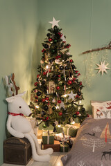 Decorated Christmas room with beautiful fir tree