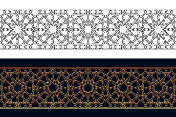 Islamic ornamental seamless border based on a tenfold traditional rosette. Vector illustration.