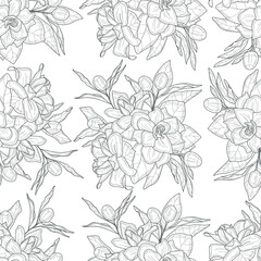 Realistic magnolia flowers bouquet seamless pattern sketch template. Cartoon graphic vector illustration in black and white for games, background, pattern, wallpaper, decor. Coloring paper, page, book