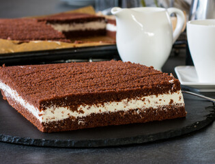 filled chocolate cake on a plate