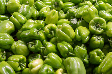 Obraz na płótnie Canvas A lot of fresh organic green peppers at the local farmers market, healthy eco product, wide horizontal banner background wallpaper. Selective focus at peppers
