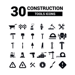 Vector image. Collection of different construction tools. Black solid icons.