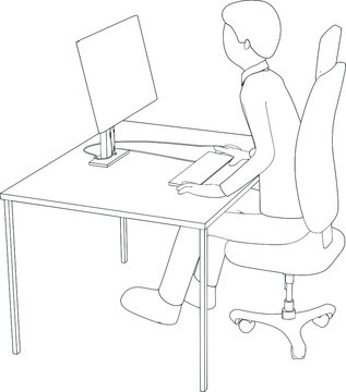 sketch of a man at a table with a computer vector