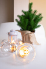 Christmas background. Christmas tree, balls, lights and decorations