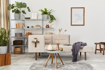 Cozy interior with stylish sofa, design coffee table, bookcase, plants, carpet, decoration, mock up...