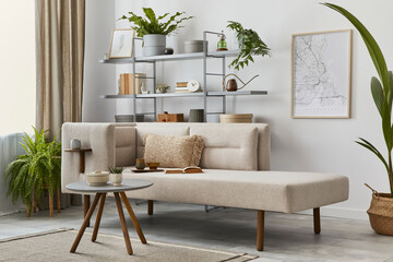 Cozy interior with stylish sofa, design coffee table, bookcase, plants, carpet, decoration, mock up...
