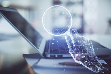 Desktop computer background in office and start up theme hologram drawing. Double exposure. Startup...