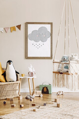 Stylish scandinavian kid room with mock up poster, toys, teddy bear, plush animal, natural pouf and...