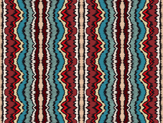 Ikat border. Geometric folk ornament. Ink on clothes. Tribal vector texture. Seamless striped pattern in Aztec style. Ethnic embroidery. Indian, Scandinavian, Gypsy, Mexican, African rug.