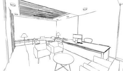 3D illustration of an office room with a meeting area. Black and white image.