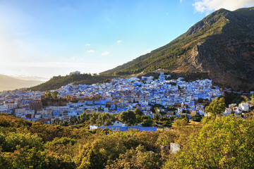 Fototapeta na wymiar Aerial view of Chefchaouen in Morocco. The city is noted for its buildings in shades of blue and that makes Chefchaouen very attractive to visitors.