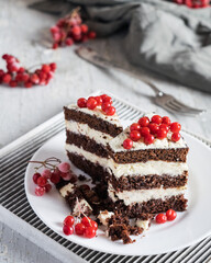 Dessert. Chocolate biscuit cake with white cream and red berries on a white plate on a light background. Selective focus