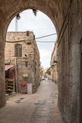 The entrance to the old city through the Lions Gate and beginning of Lions Gate Street in the old city of Jerusalem, in Israel