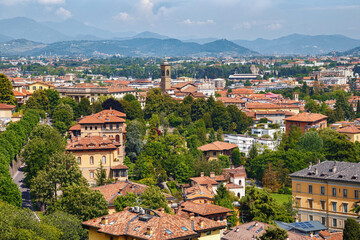 Aerial view of the old town Bergamo in northern Italy. Bergamo is a city in the alpine Lombardy region.