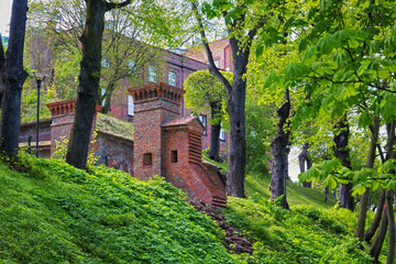 View of the historical red bricks gates on the hill in the Gdansk. Poland.