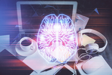Double exposure of desktop computer and human brain drawing hologram. Ai concept.