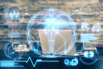 Desktop computer background and education theme drawing. Double exposure. Study concept.