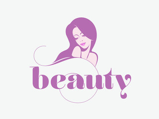 Hair salon and beauty studio illustration.Long, wavy hairstyle woman with elegant makeup.Cosmetics and spa icon.Young lady portrait.Beautiful model face.Luxury,glamour style.Smiling female.