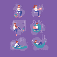 Hand drawn work from home woman concept with modern style