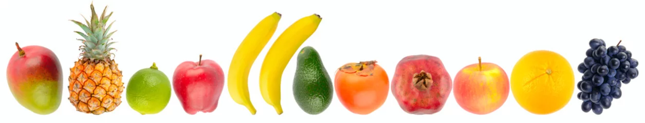 Fototapete Küche Tropisches Obst und Gemüse in Reihe isoliert auf weiß