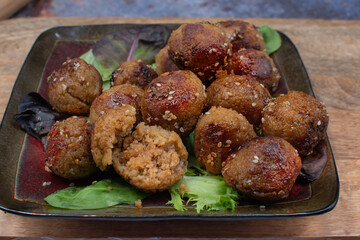 Seitan vegan meatballs tsukune style with tare sauce
