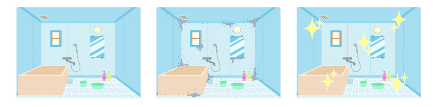 綺麗な浴室と汚い浴室と輝く浴室のセット