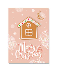 Pink postcard Merry Christmas decorated gingerbread moon and house with windows and bright points. Greeting paper card with patterns and shines vector