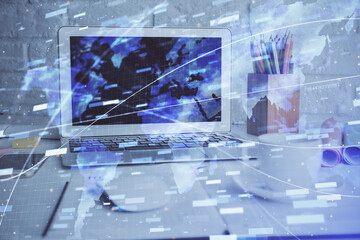Double exposure of desktop with personal computer on background and tech theme drawing. Concept of Bigdata.