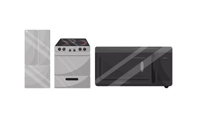 Kitchen Household Appliances with Fridge and Microwave Oven Vector Set
