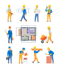 Workers with floor planning vector, isolated engineers workers with tools, man building wall and woman with paint roller and bucket of liquid flat style