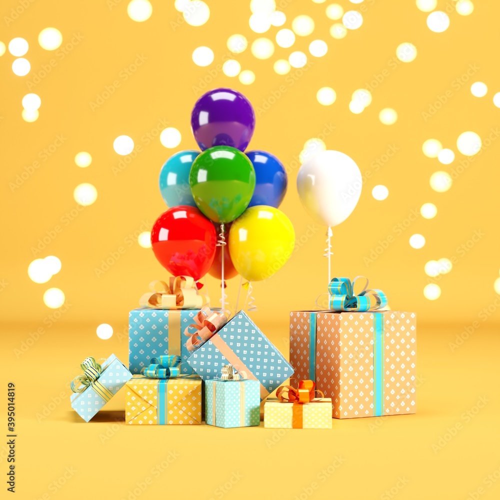 Poster gift box set with colorful balloon on yellow color background with lighting bokeh backdrop. 3d rende