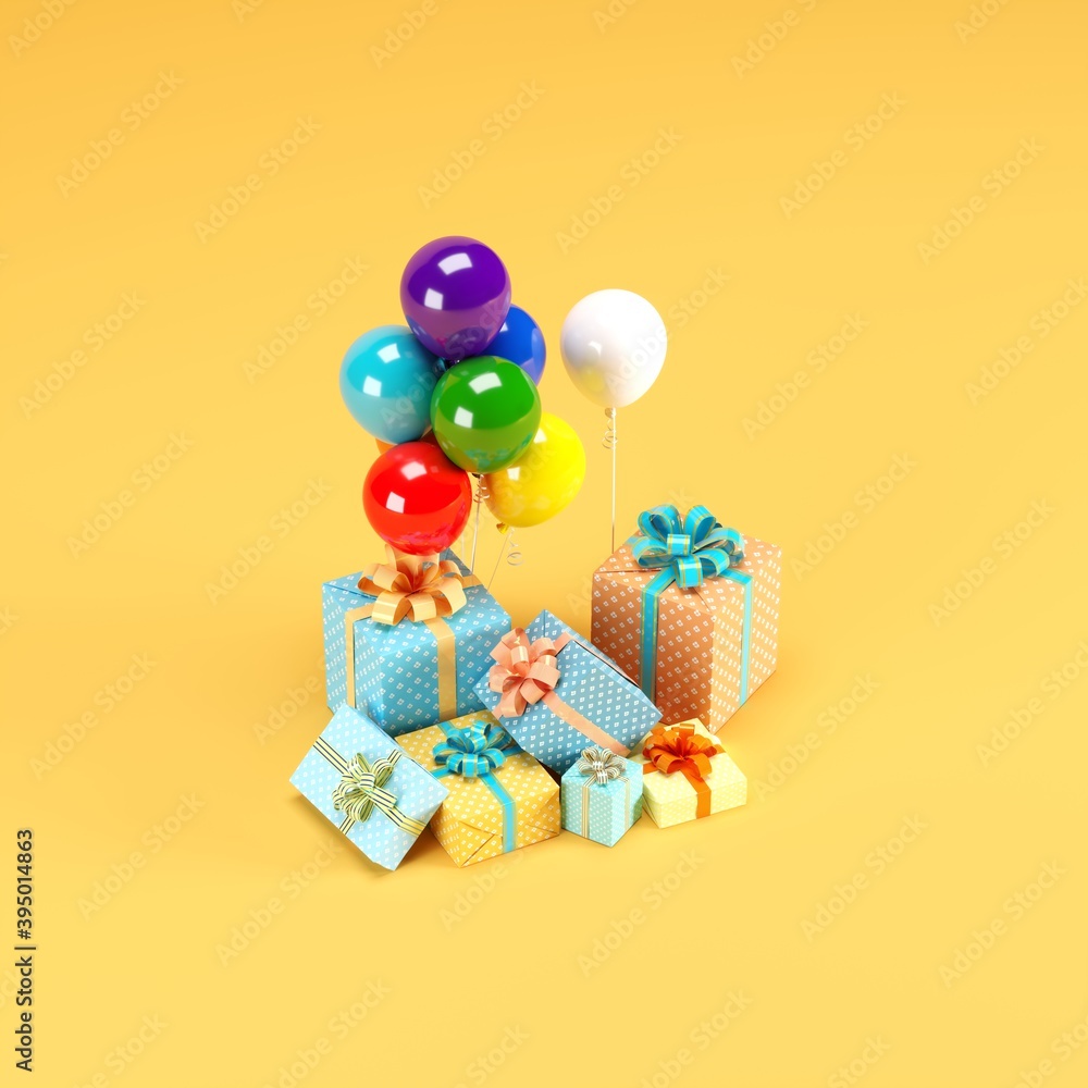 Poster gift box set with colorful balloon on yellow color background with lighting bokeh backdrop. 3d rende