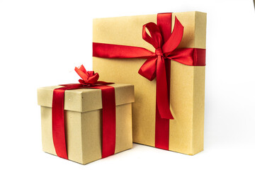 Gift boxes with red ribbon. Isolated on a white background