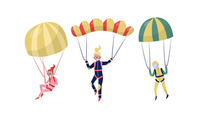 People Characters Jumping with Parachute Vector Illustration Set