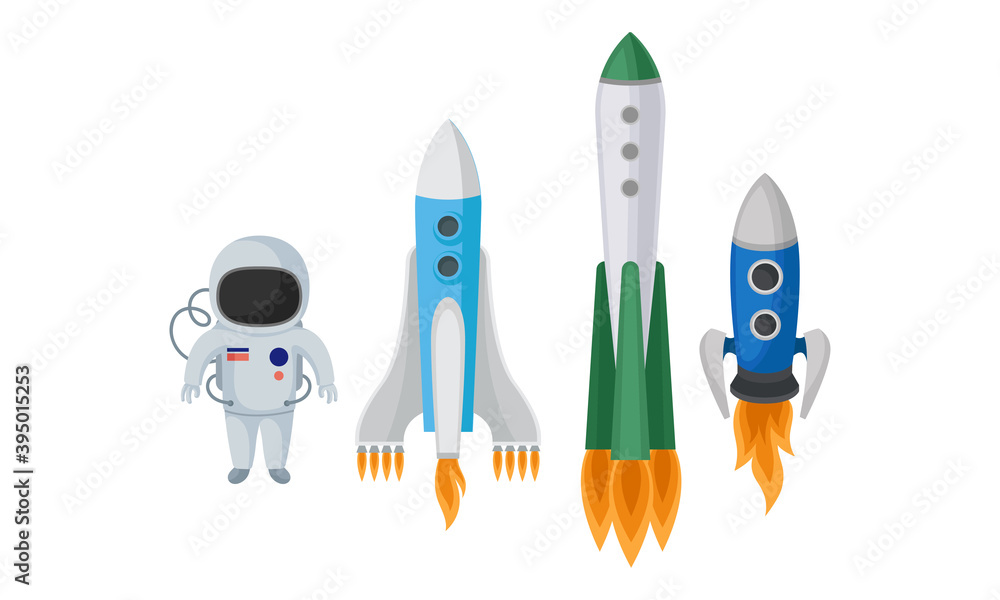 Poster space shuttle and spaceship isolated on white background vector set
