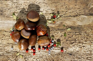 Autumn winter chestnuts on old wooden background with forest berries
