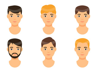 Collection of vector avatars of young men with blond and brown haircuts. Guys with different hairstyle. Bearded hipster. Set of cartoon caucasian characters for using at website or apps. Handsome men