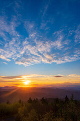 Beautiful autumn morning on the view point above the deep forest valley in national park Beskydy.