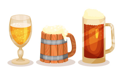 Pint and Glass Mug of Cold Beer with Foam Vector Set