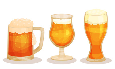 Pint and Glass Mug of Cold Beer with Foam Vector Set