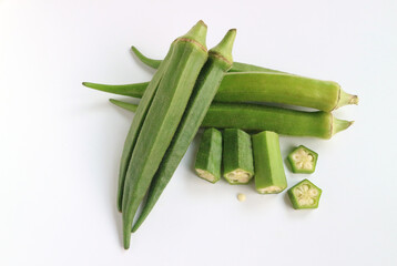 Fresh vegetable okra on white background.