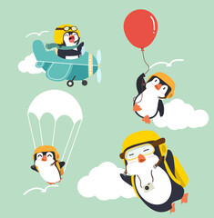 cute penguins cartoon vector on sky set