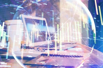 Multi exposure of business theme icons and work space with computer background. Concept of success.
