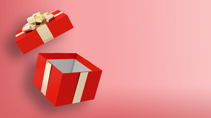 flying red open gift box  with golden ribbon pink background 3d render
