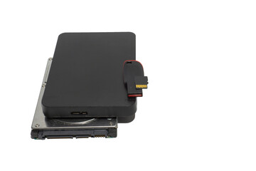 Internal hard drive, external hard disk, pendrive and memory card on white background