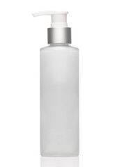 Gray bottle for cosmetics with dispenser isolated on white.