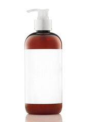 Brown cosmetic bottle with blank white label and dispenser isolated on white background.