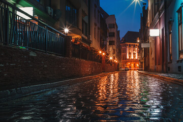 wet street of the old town in wroclaw in poland