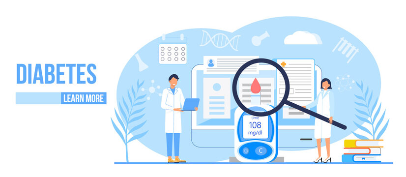 Diabetes mellitus, type 2 diabetes and insulin production concept vector. Landing page with magnifier and blood glucose testing meter, tiny doctors treat patient. Glucometer application